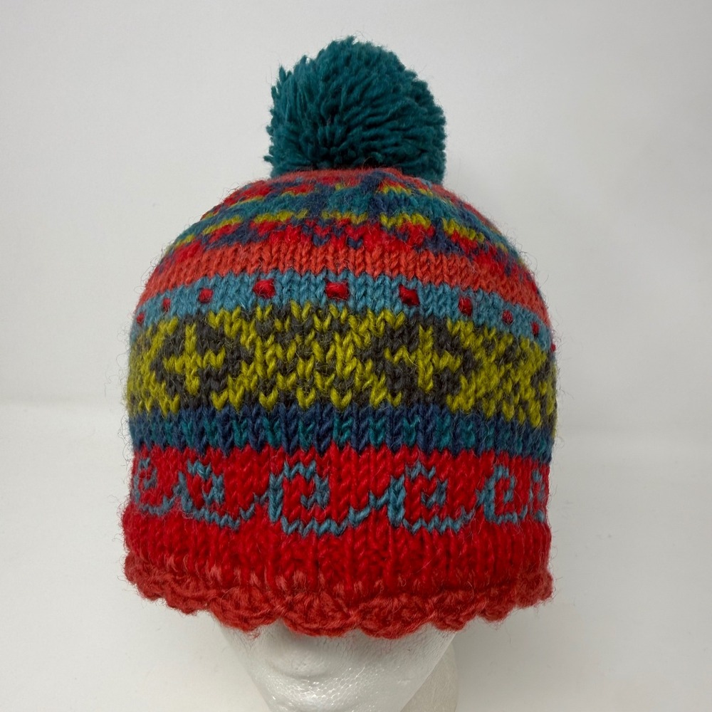 Lost Horizons Innsbruck Beanie Wool Fair Isle Red Teal Fleece Lined Pompom Nepal